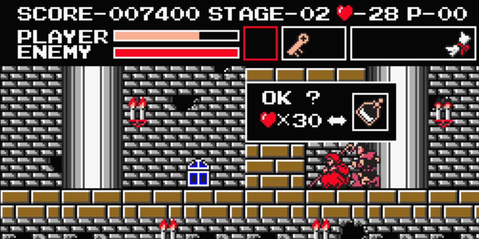 Castlevania Mercant con Simon comprándole un artículo