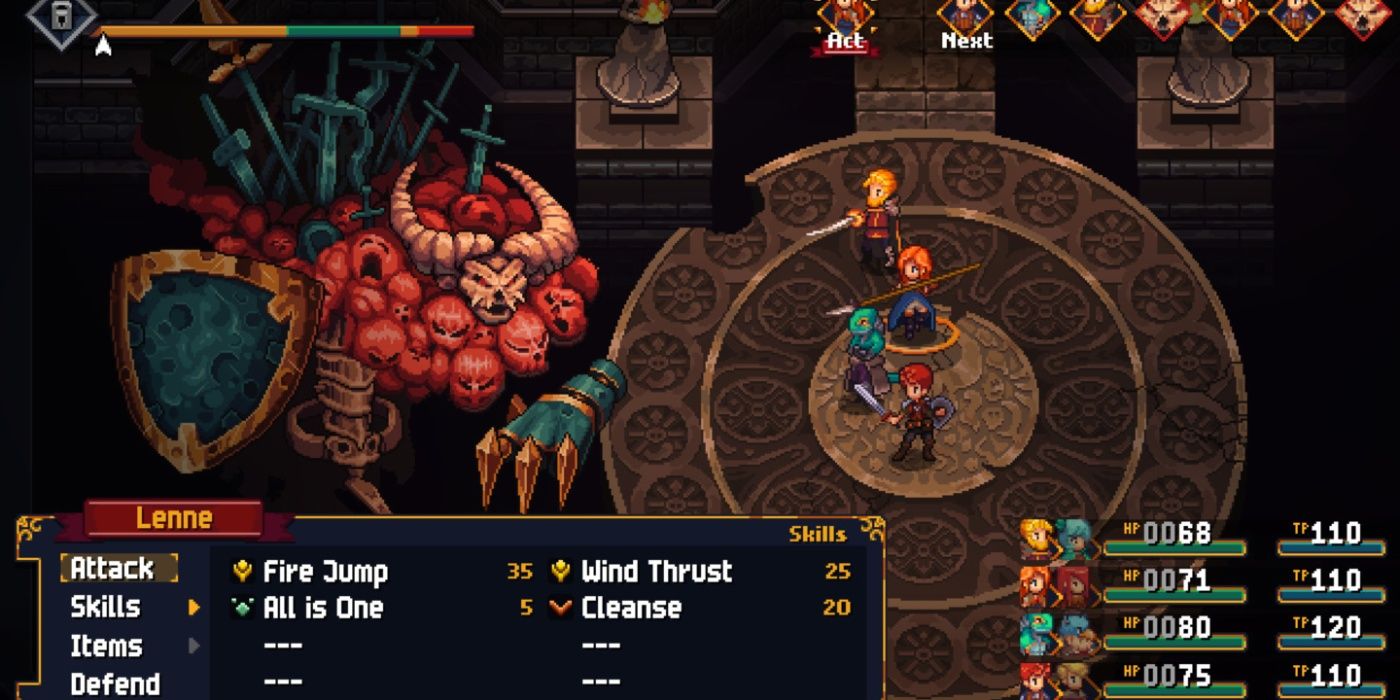 Chained Echoes gameplay depicting the main party battling a massive boss monster made of bones and armaments.