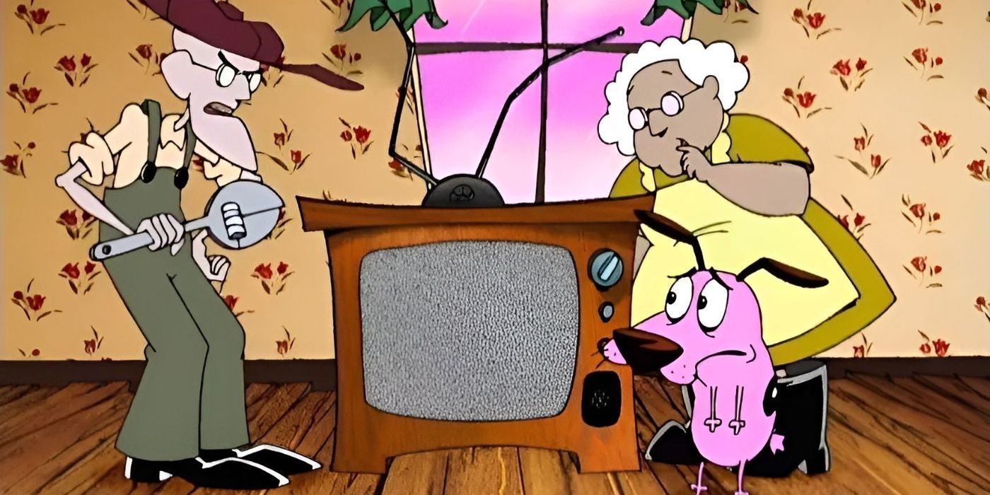 Eustace sedang memegang sebuah alat dan tampak marah saat dia, Muriel yang penasaran, dan Courage yang gugup menatap televisi statis dalam Courage the Cowardly Dog.