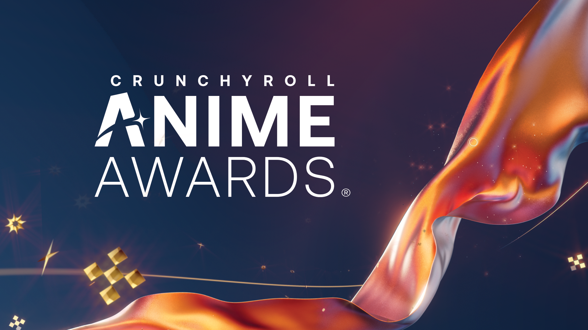Crunchyroll Anime Awards Texto em texto branco posicionado ao lado de um fluxo laranja drapeado