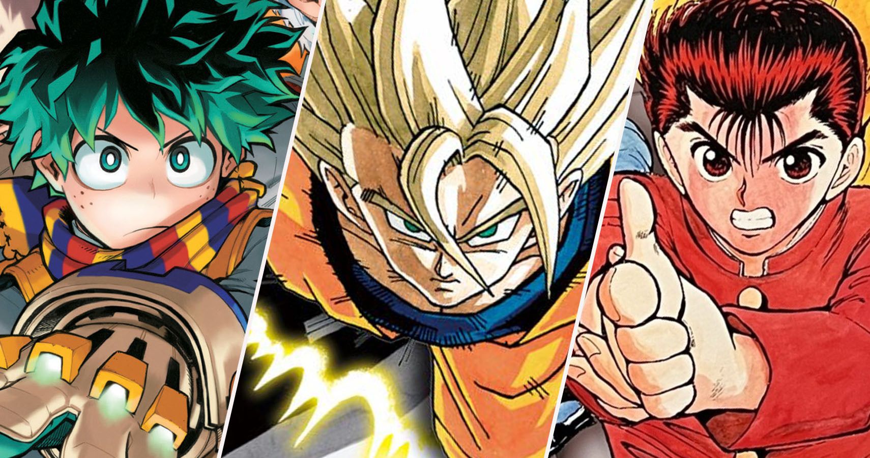 Deku from My Hero Academia, Super Saiyan Goku from Dragon Ball Z, Yusuke from Yu Yu Hakusho