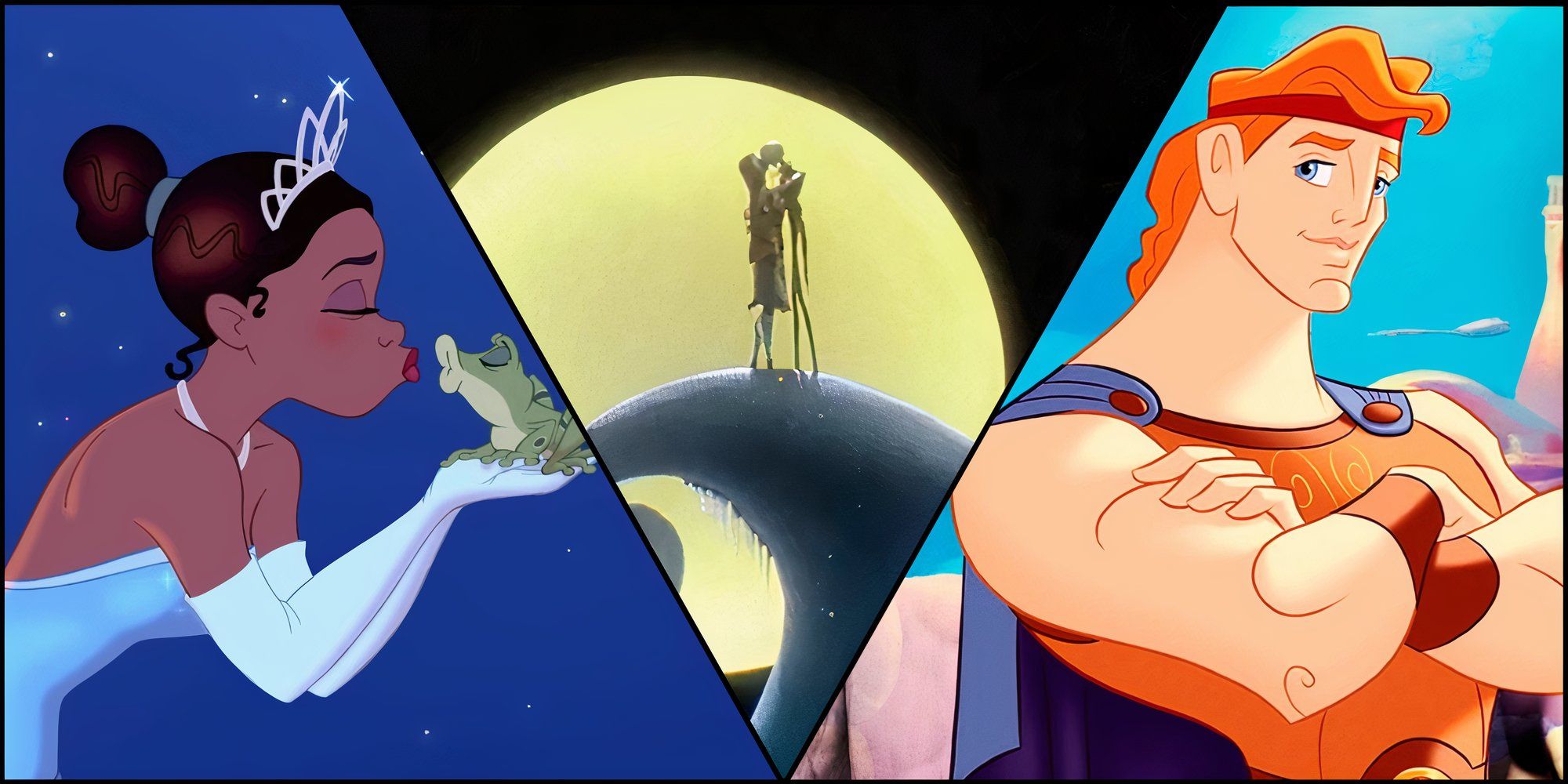 A collage shows The Princess and the Frog, The Nightmare Before Christmas, and Hercules 