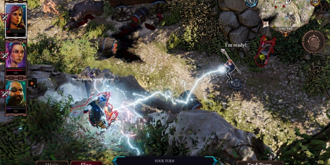 Divinity: Original Sin 2 gameplay with the player's character casting a lightning attack.