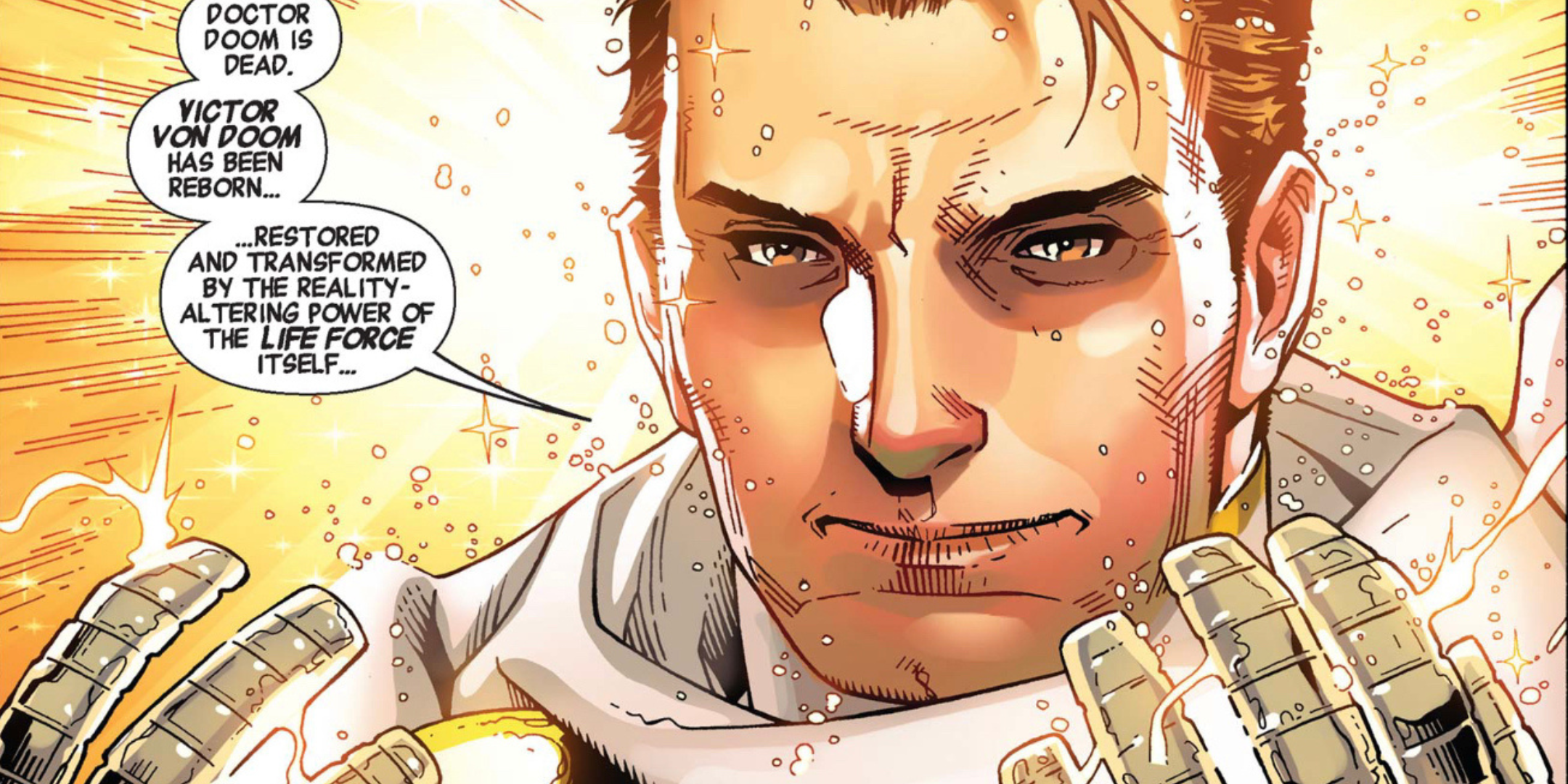 Doctor Doom no longer scared and glowing with golden energy.