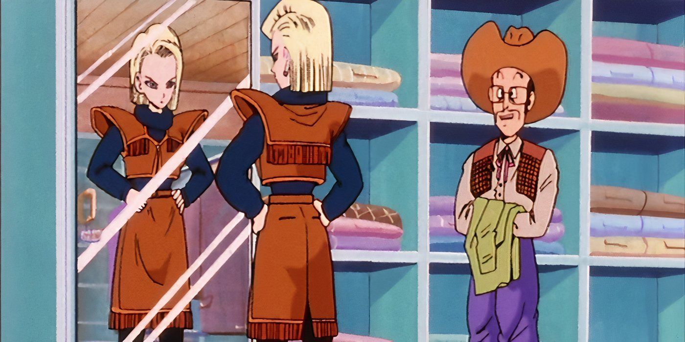 Android 18 tries a western outfit inspired by cowboys during shopping at Dragon Ball Z.