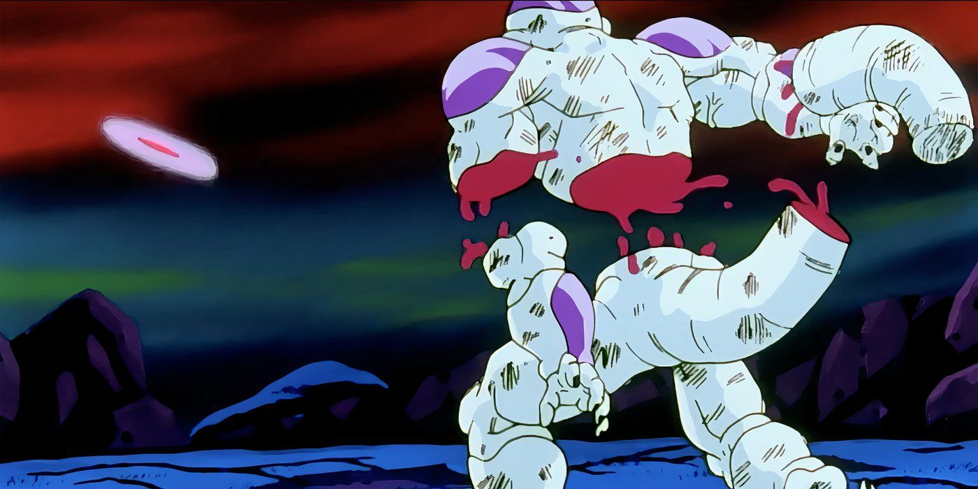 Frieza is cut into pieces by his death saucer in Dragon Ball Z.
