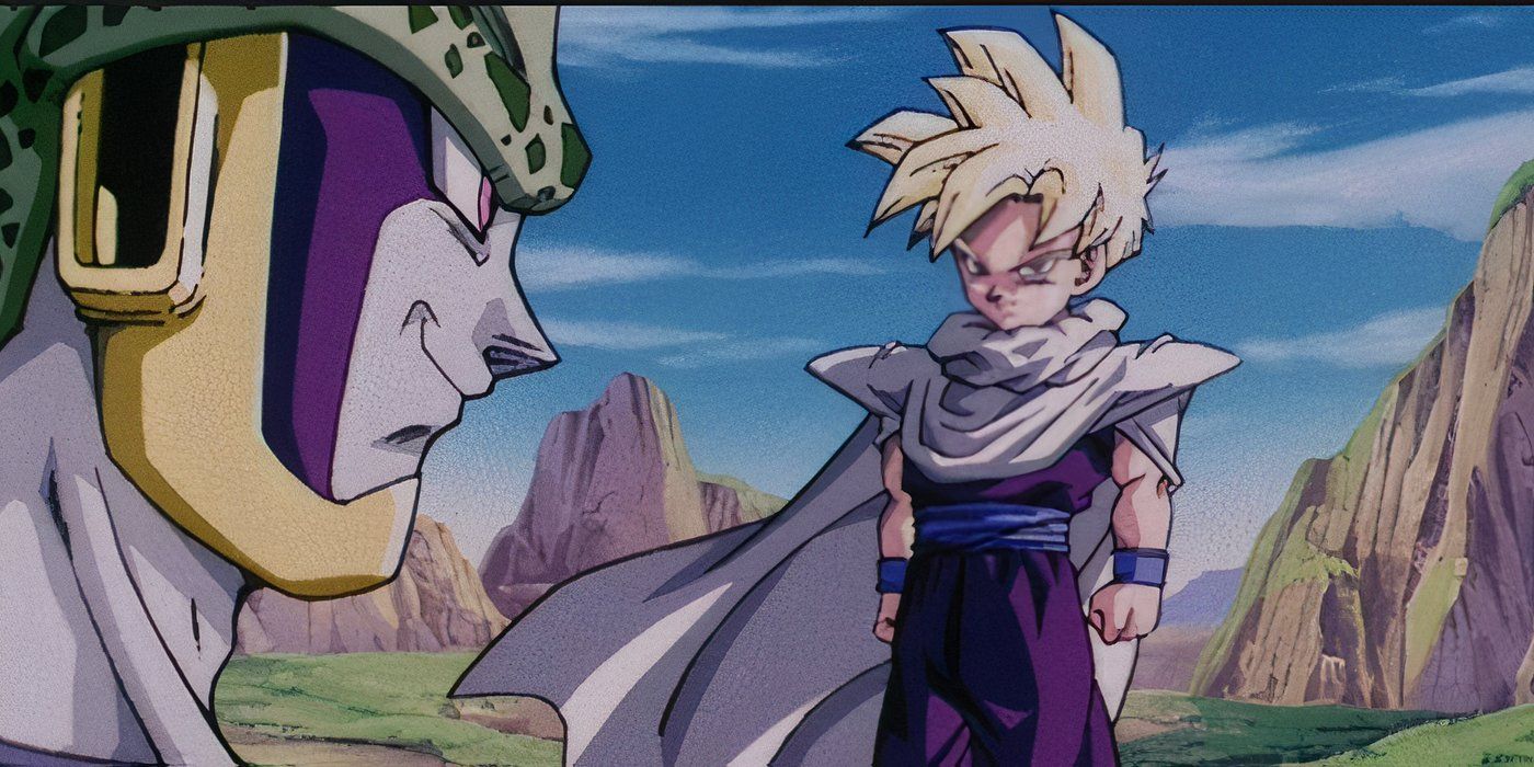 Perfect Cell smirks at Super Saiyan Gohan, who is dressed as Piccolo, in Dragon Ball Z.