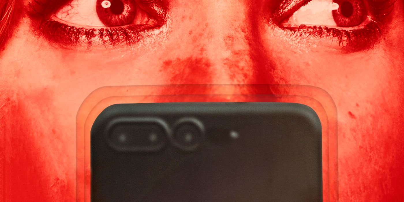 Close-up dos olhos de Violet em um fundo vermelho