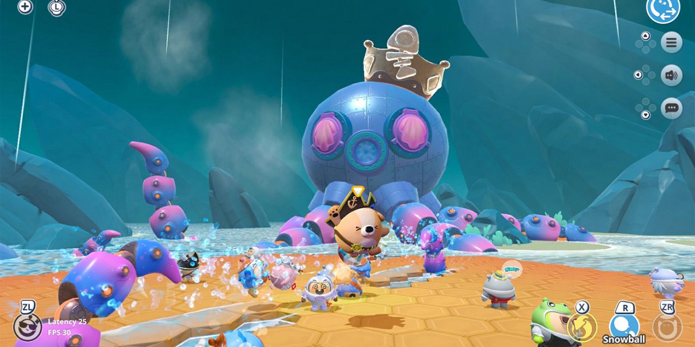 A group of little Eggys run from a giant octopus in Eggy Party