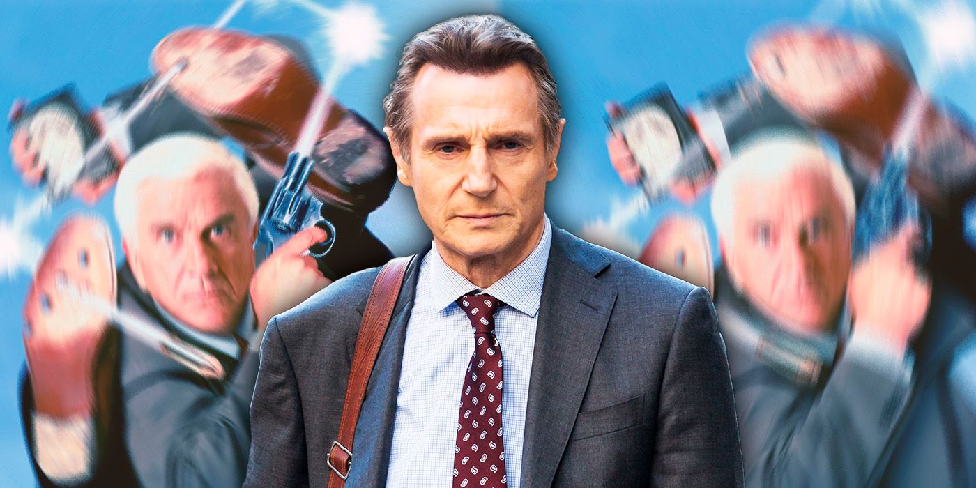 Liam Neeson with Naked Gun poster