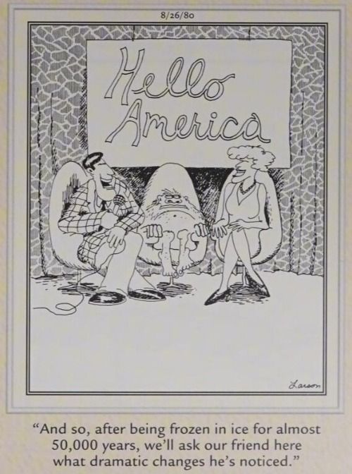 Talk show featuring a cave person.