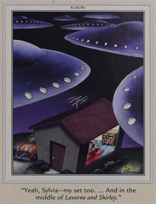 Alien crafts hover over a house