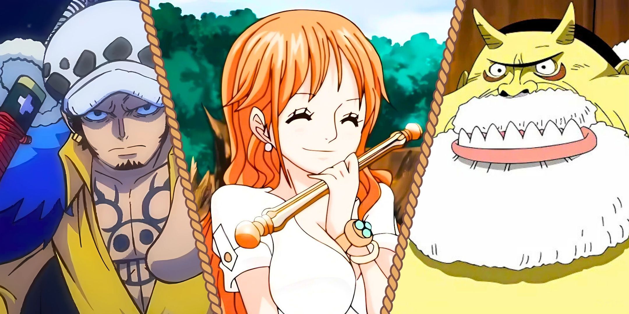 Uma imagem dividida da Lei de Trafalgar, Nami e Tom, o construtor de navios de uma peça