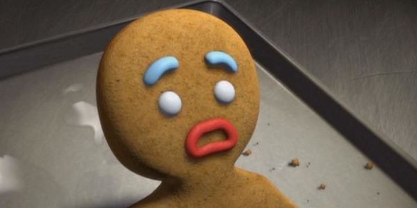 Gingy suplicando a Lord Farquaad que le spar sus botones de gomita en la primera película de Shrek