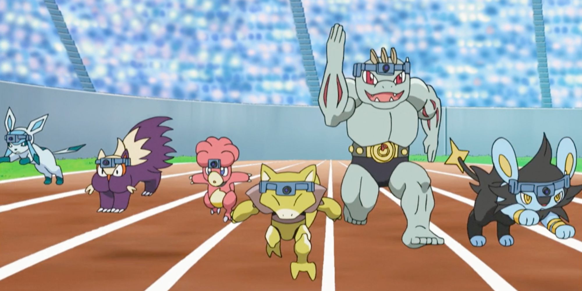 Glaceon, Stunkey, Magby, Abra, Machoke, and Luxio take part in the Pokéathalon