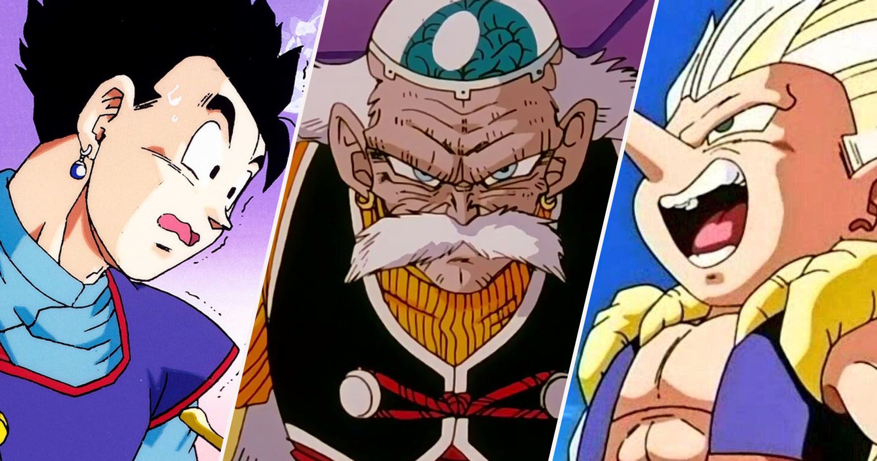Gohan quebrando a espada Z, Dr. Gero com seu cérebro mostrando, e Super Saiyan 3 Gotenks com o nariz comprido em Dragon Ball Z Z