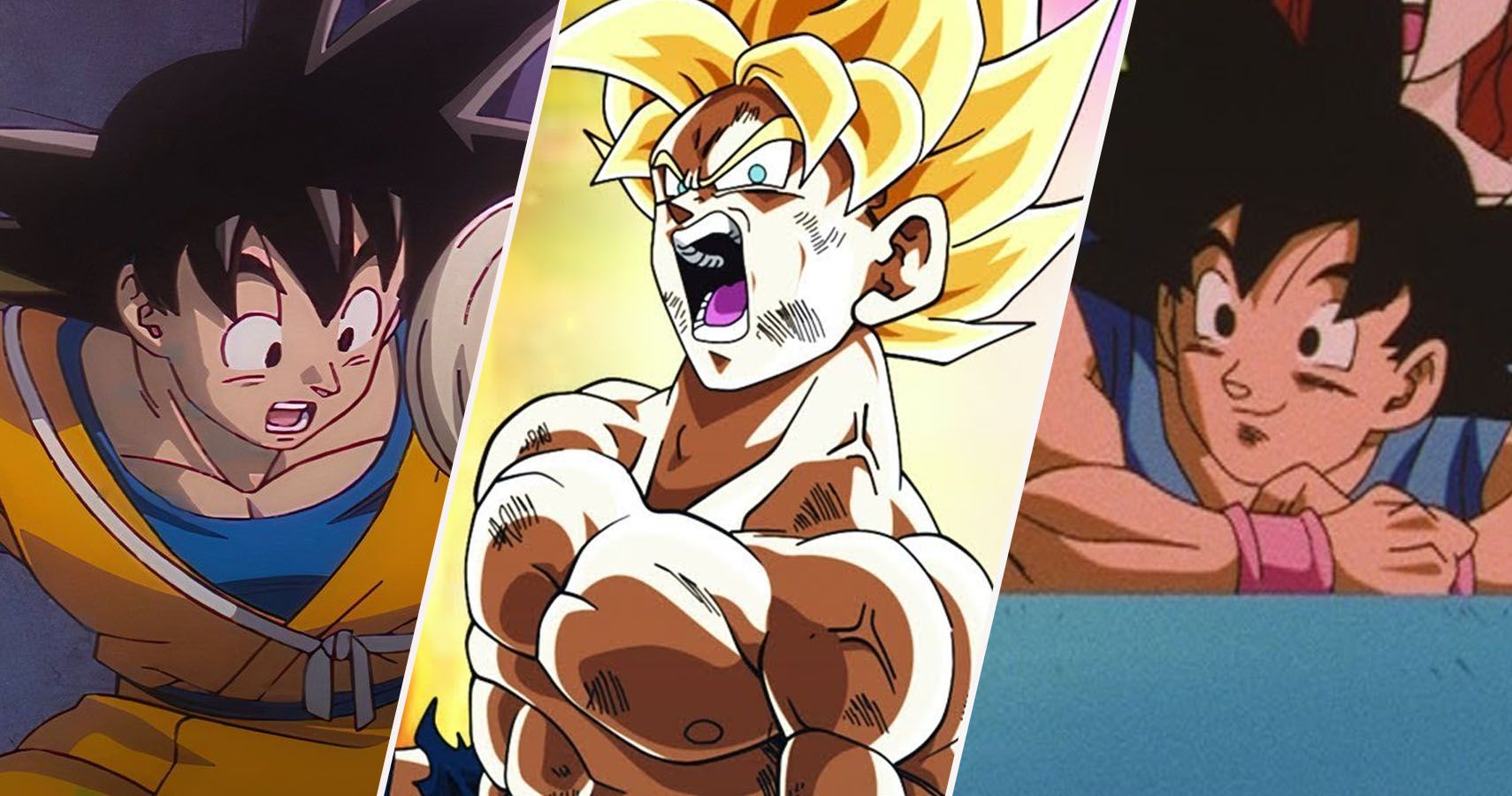 Goku en el final de Dragon Ball DAIMA, Goku Super Saiyan trabajando junto a Frieza para vencer a Jiren en el Torneo del Poder en Dragon Ball Super, y Goku viendo el Torneo Mundial de Artes Marciales en el Episodio 64 de Dragon Ball GT
