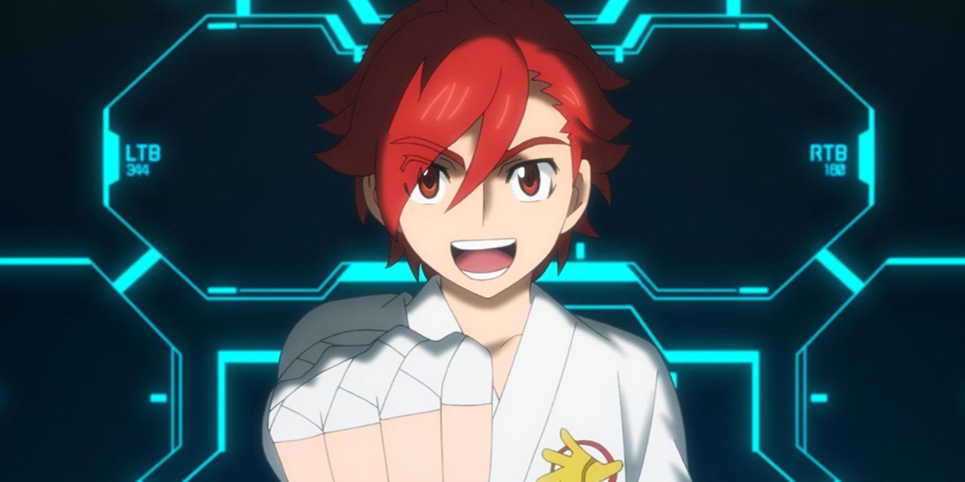 Gundam Build Fighters Try Kamiki Sekai em um cockpit praticando um soco.