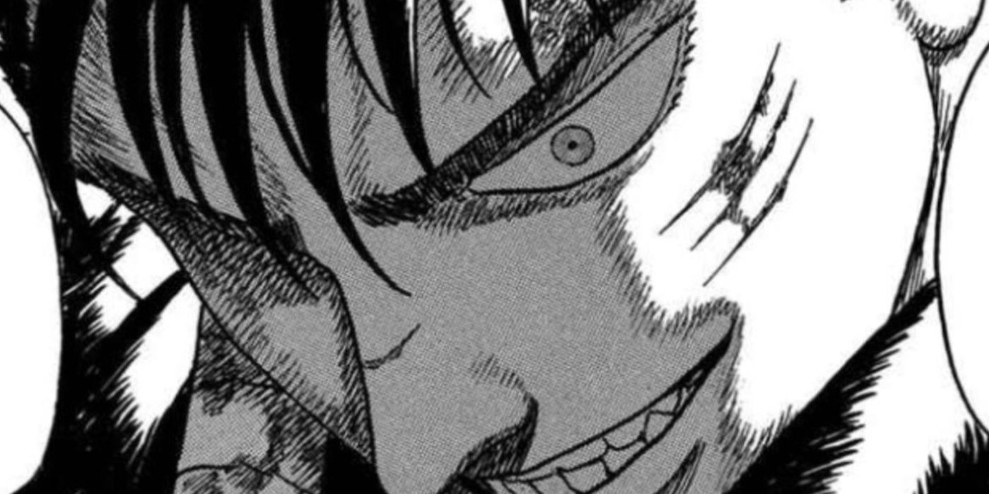 Guts with a wide, ominous grin in the Berserk manga.