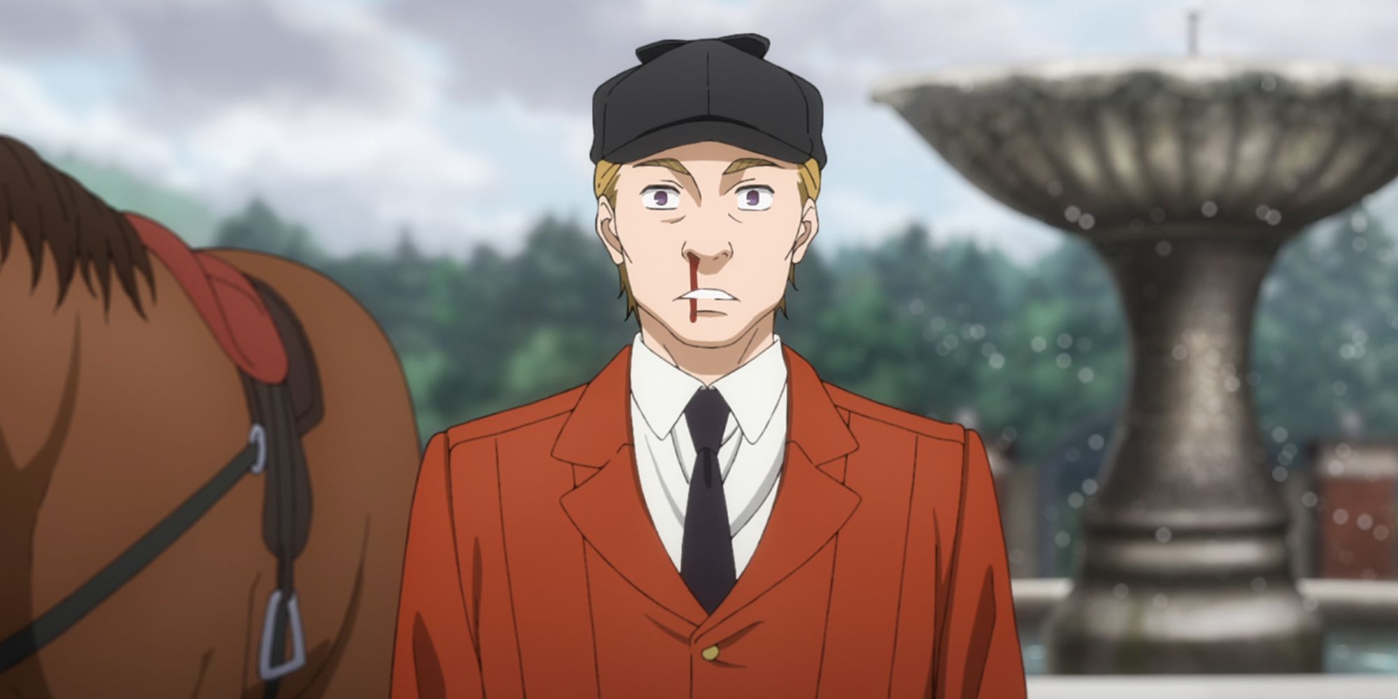 Herr Reinald com um nariz ensanguentado no esmerald witch arc de Butler preto episódio 1