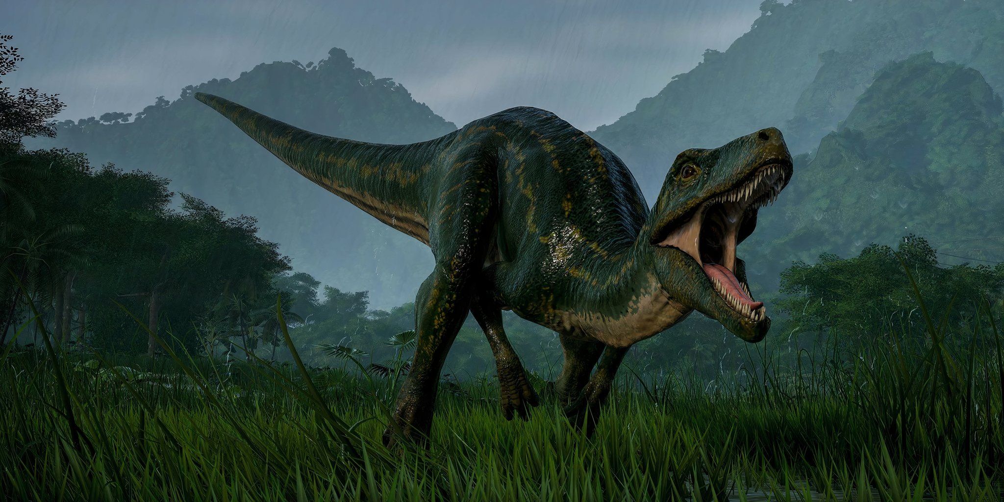 Herrerasaurus roaring in Jurassic World Evolution 2