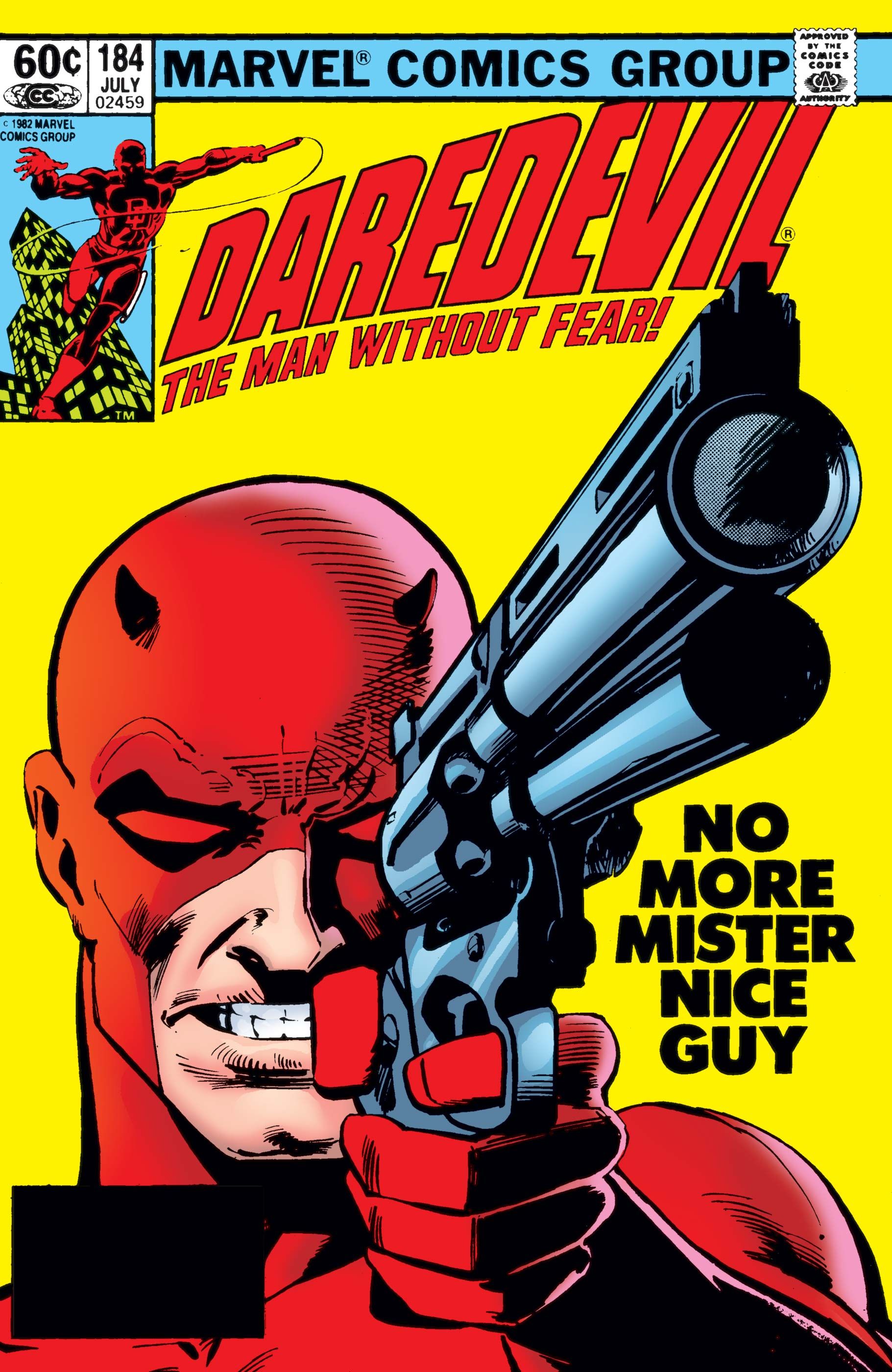 Controversial Daredevil #184 portada de Daredevil sosteniendo un arma