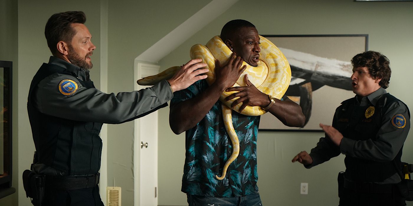 Frank (Joel McHale) y Shred (Michael Rowland) se encuentran a cada lado de un hombre siendo estrangulado por una pitón en Animal Control.