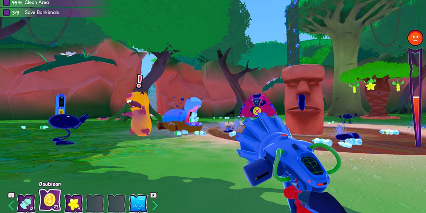 A player aims their weapon at a group of scared Bankimals in Island Saver