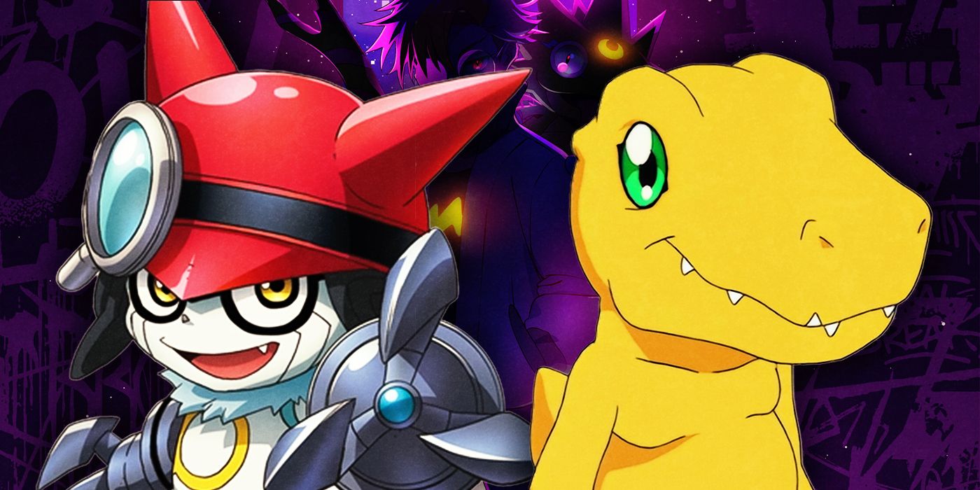 Agumon ao lado de Gatchmon e a imagem de Digimon Beatbreak em segundo plano