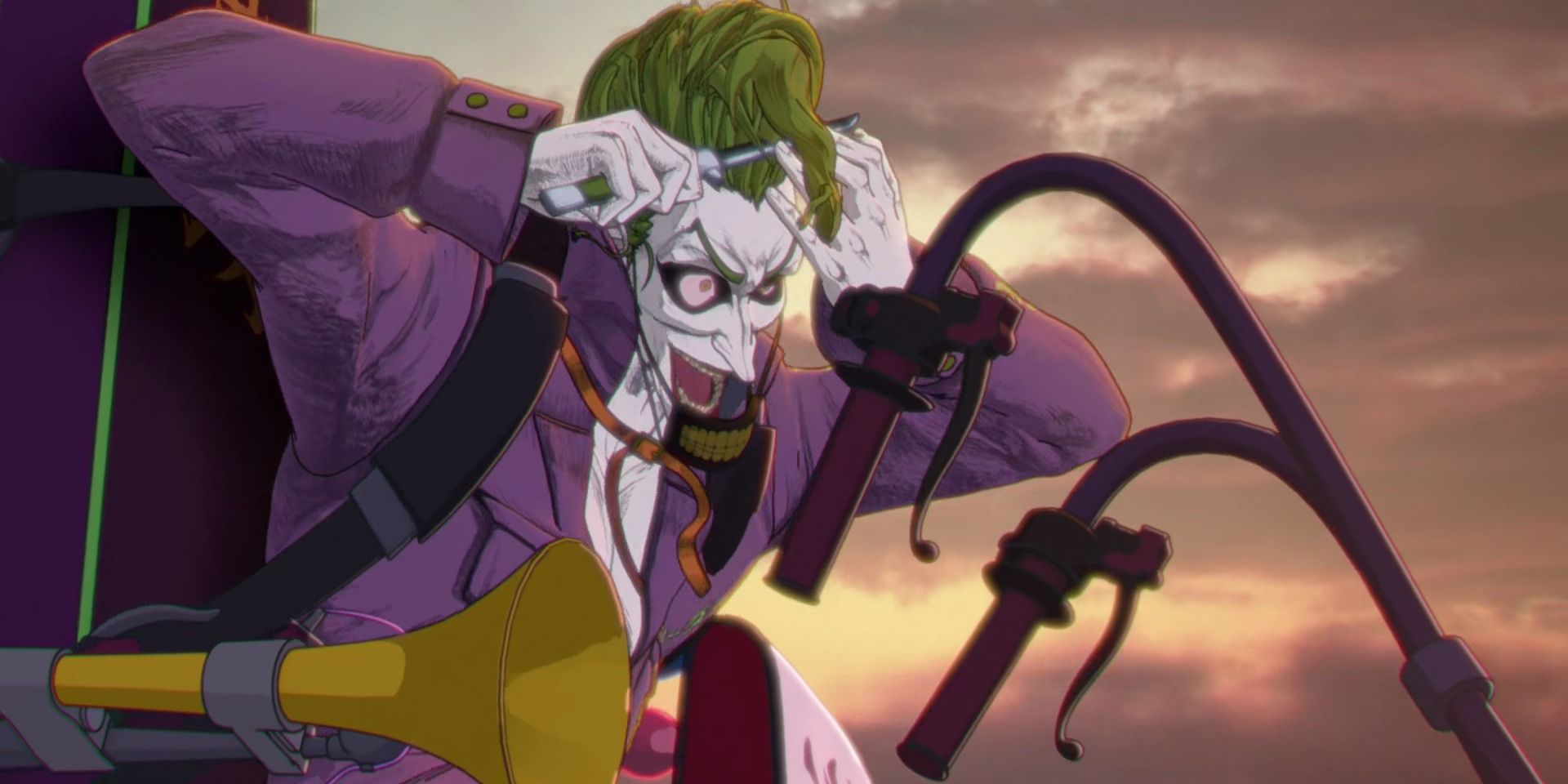 Joker combing his hair with a razer while he pilots a purple airplane in Batman Ninja vs Yakuza League.