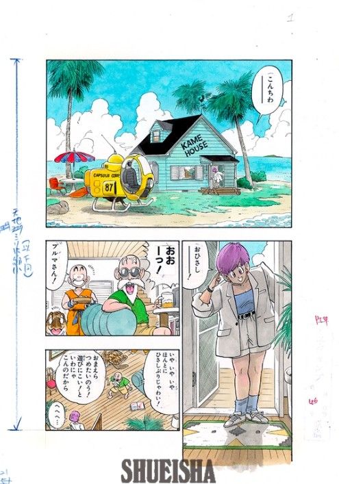 Akira Toriyama Dragon Ball manga artwork with blue Kame House