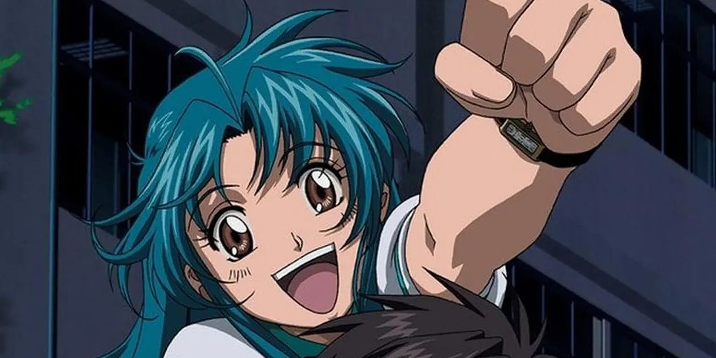 Kaname Chidori is cheering happily with her fist out.