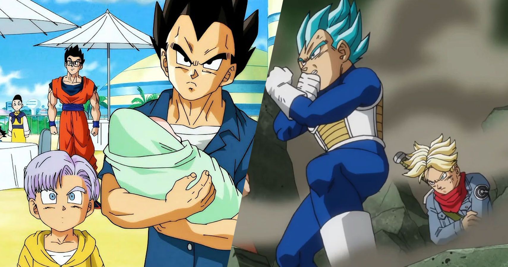 Trunks niño, Chichi, Gohan y Vegeta sosteniendo a Bulla mientras Vegeta Super Saiyan Blue protege a Trunks de Futuro Super Saiyan de Goku Black y Zamasu en Dragon Ball Super