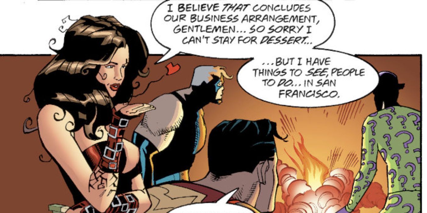 La Encantadora facing Superman and other DC characters.