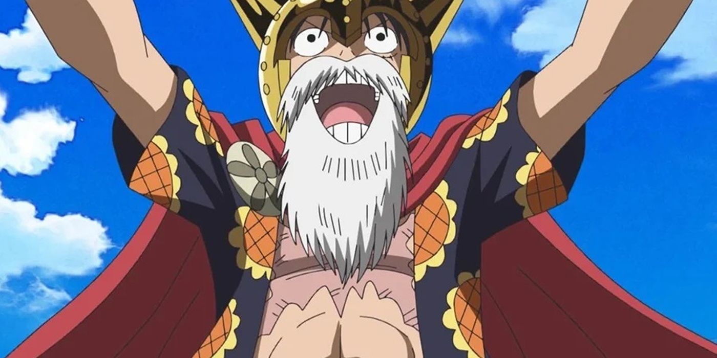 Luffy in his gladiator disguise with his arms up.