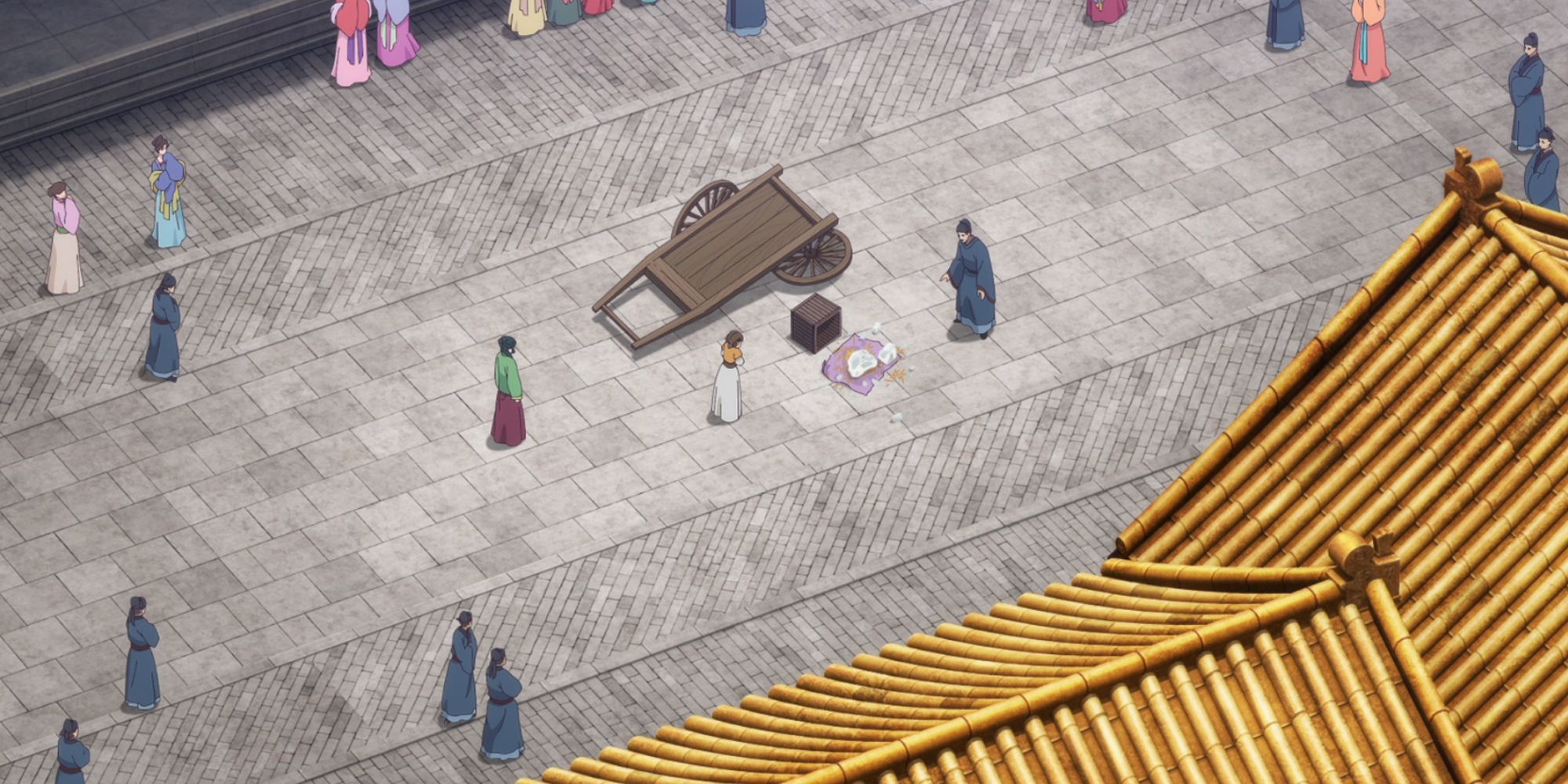 Maomao and Xiaolan in front of the spilled ice cart