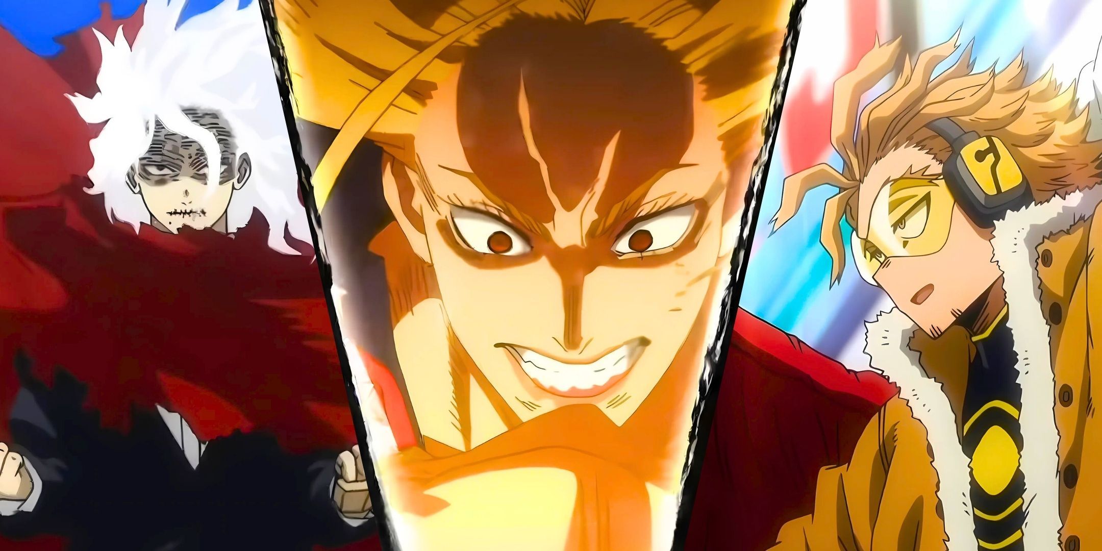 A split image of Tenko Shimura, Star and Stripe and Hawks the pro hero from My hero Academia