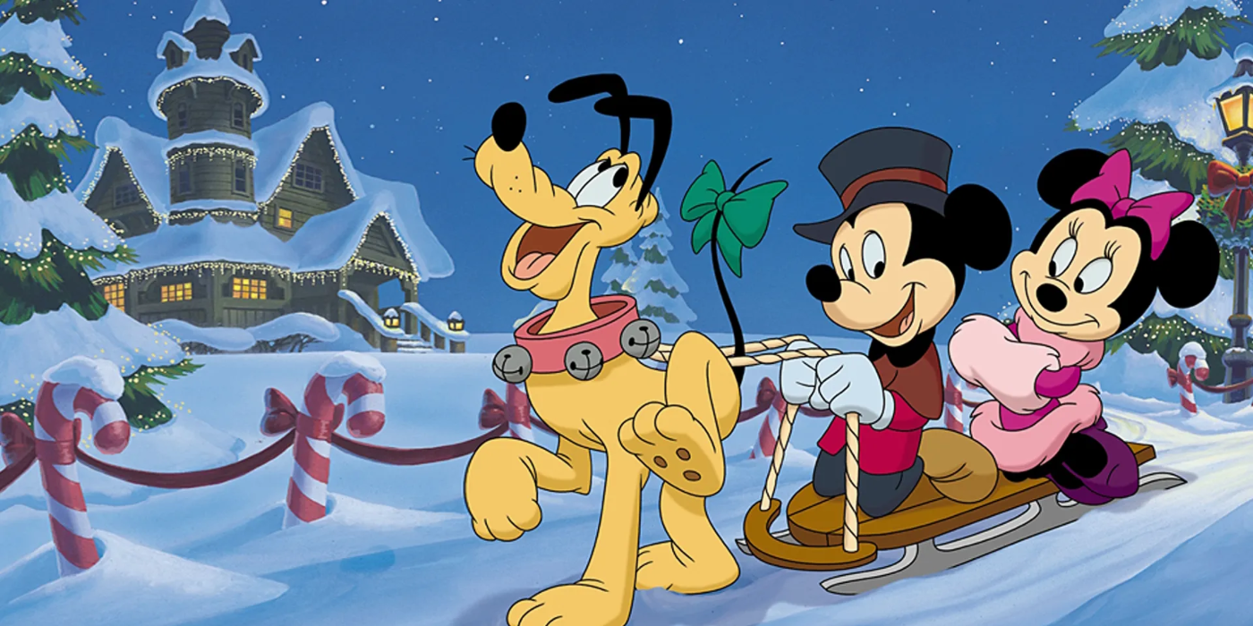 Mickey y Minnie en un trineo