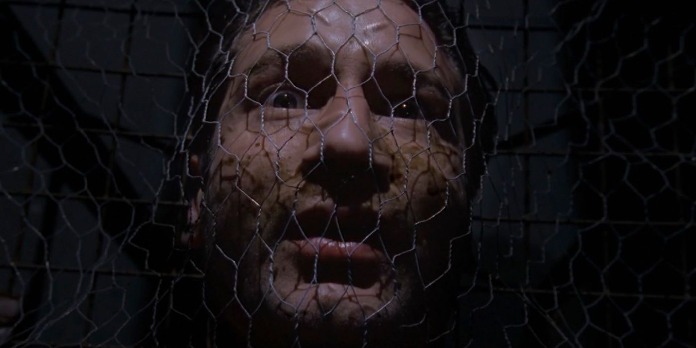 Mulder's creepy face pressed against chicken wire in The X-Files' 'Tunguska'