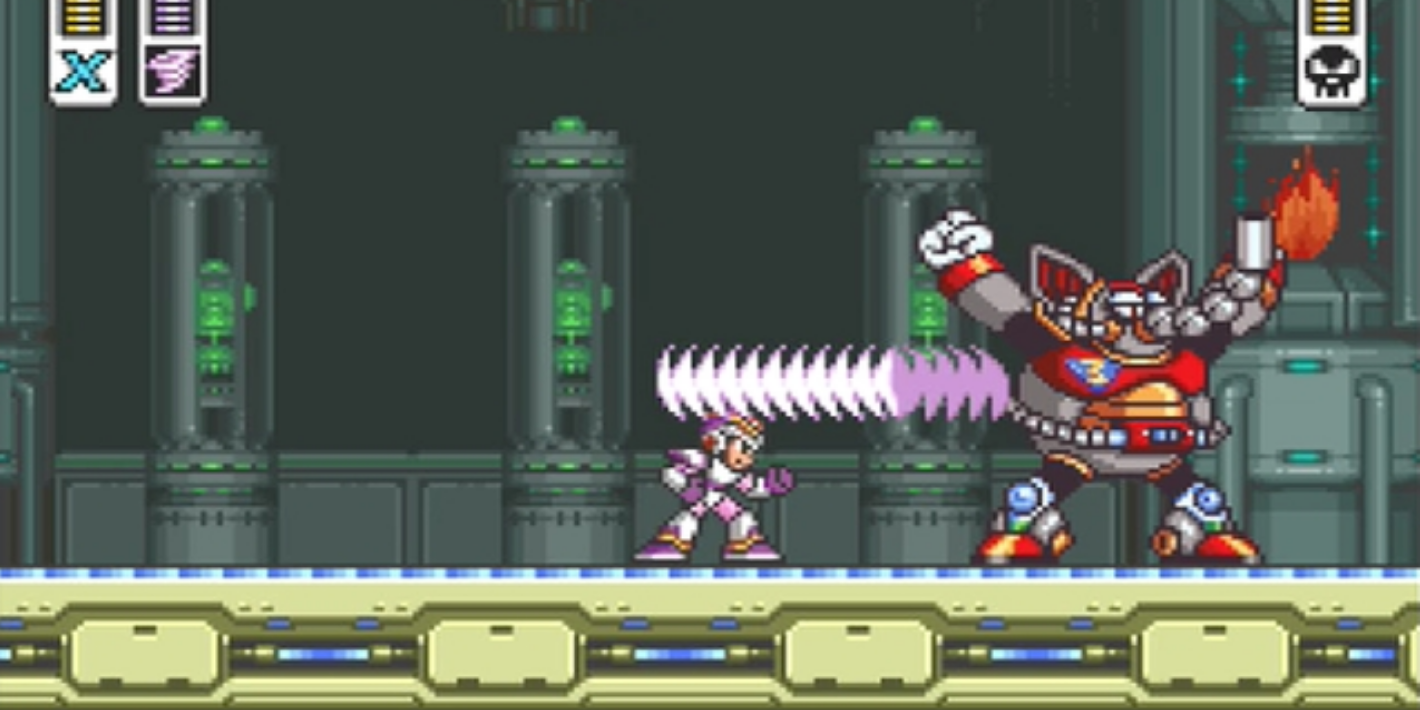 X usa Tornado Tempestad contra Mammoth de Fuego en Mega Man X.