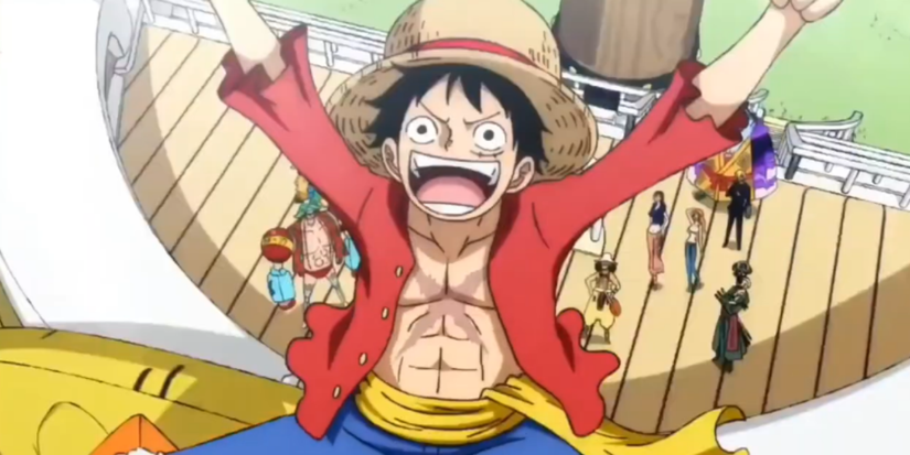 Monkey D. Luffy berteriak bahwa dia akan menjadi Raja Bajak Laut sambil melompat ke kepala Thousand Sunny di One Piece.