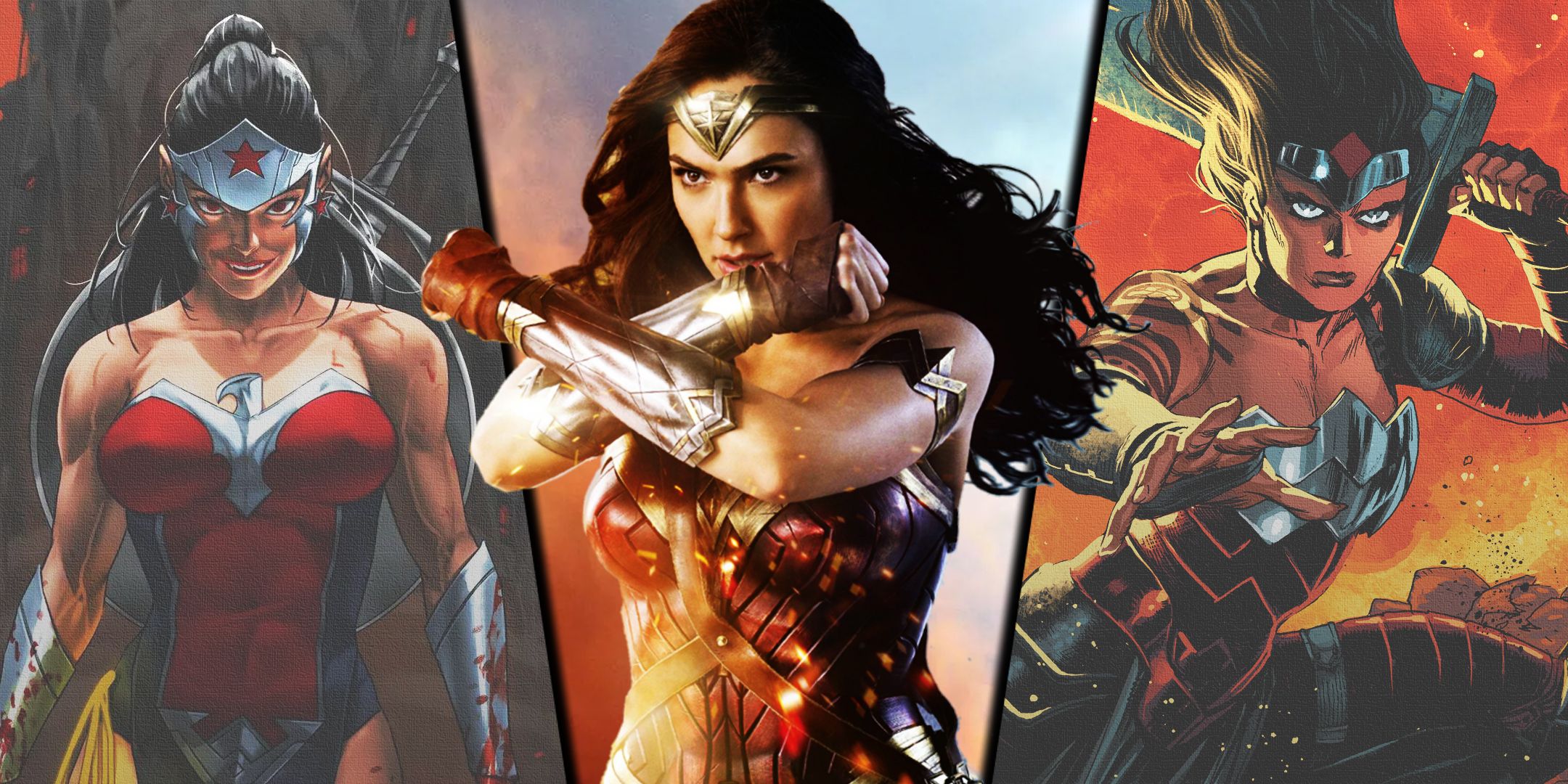 Imagen dividida de DCEU Wonder Woman con Vampire Wonder Woman y Absolute Wonder Woman