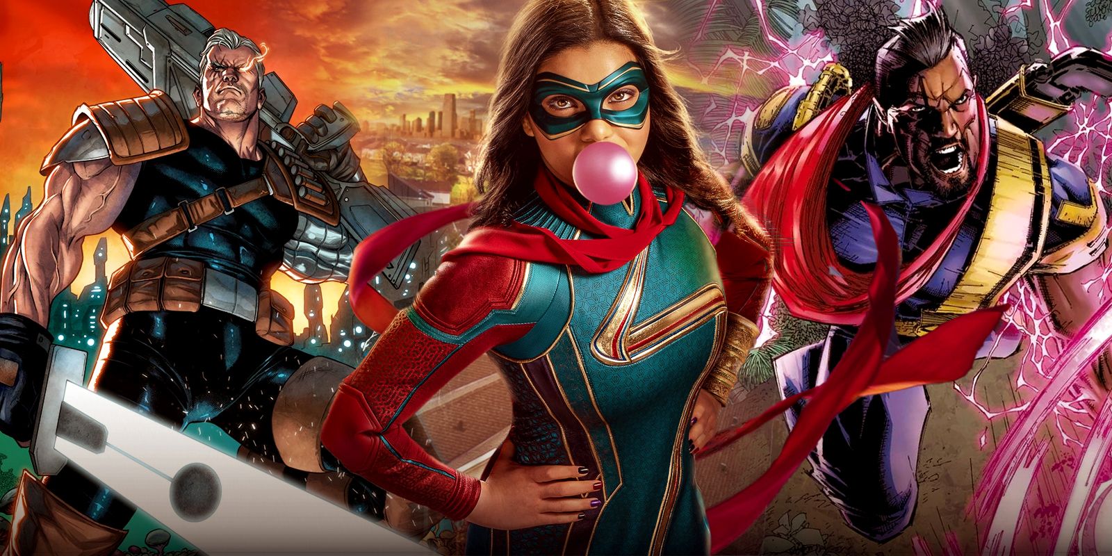 Ms.-Marvel-and-9 o Traveling-X-Men,-Guiled con Mme Marvel con imágenes cómicas de personajes como Cable y Bishop