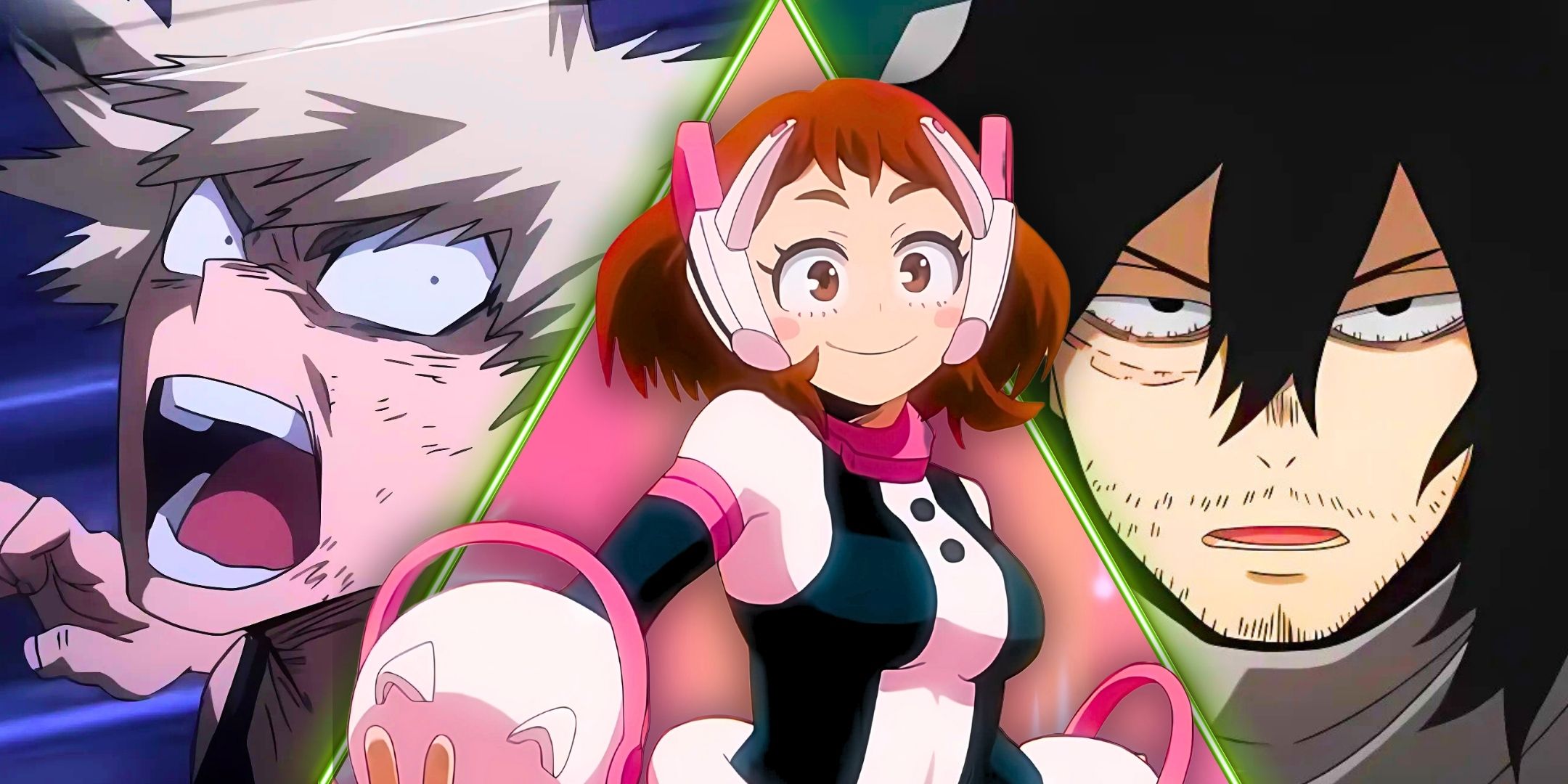 A split image of Uraraka, Bakugo, Shoto Aizawa from My Hero Academia