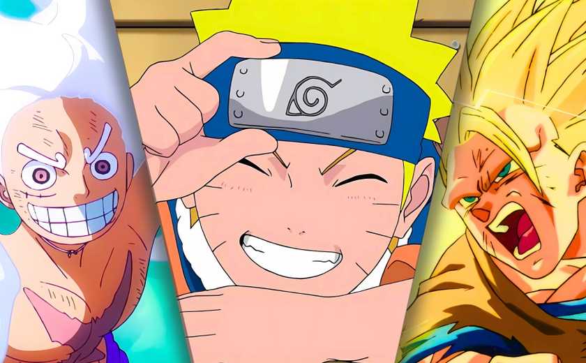 One Piece's Gear 5 Luffy, Naruto, and Dragon Ball Z's Super Saiyan Goku anime collage