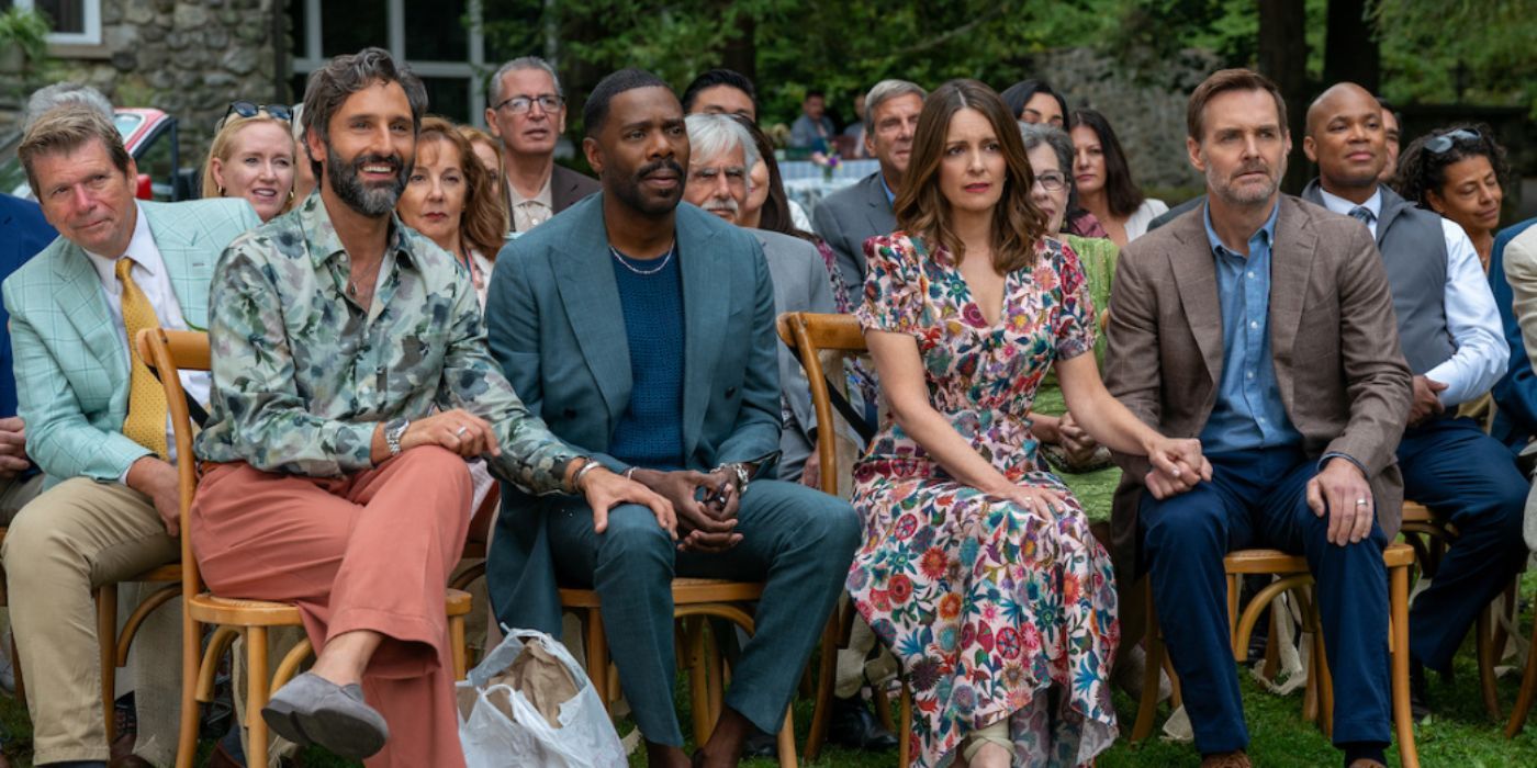 The Four Seasons cast sitting outside at a wedding
