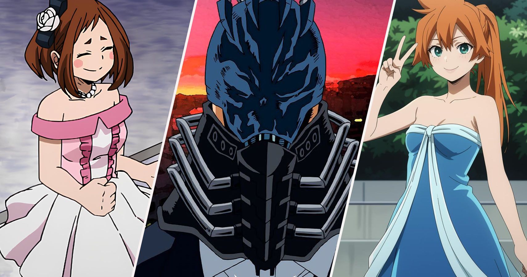 Ochako in her MHA Heroes Rising formal gown, All For One in his original outfit from MHA Season 1, and Itsuka in her pageant outfit from the My Hero Academia anime