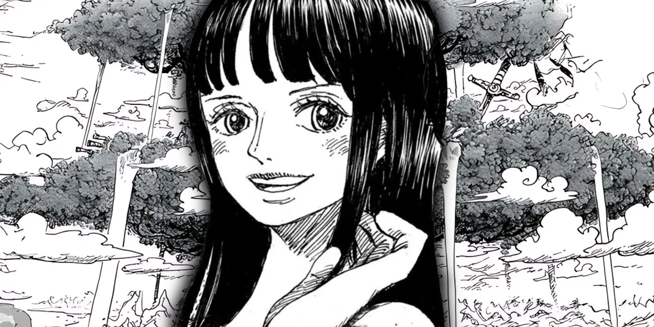Nico Robin smiles in front of the Elbaph Adam Tree in a collage of manga in one room