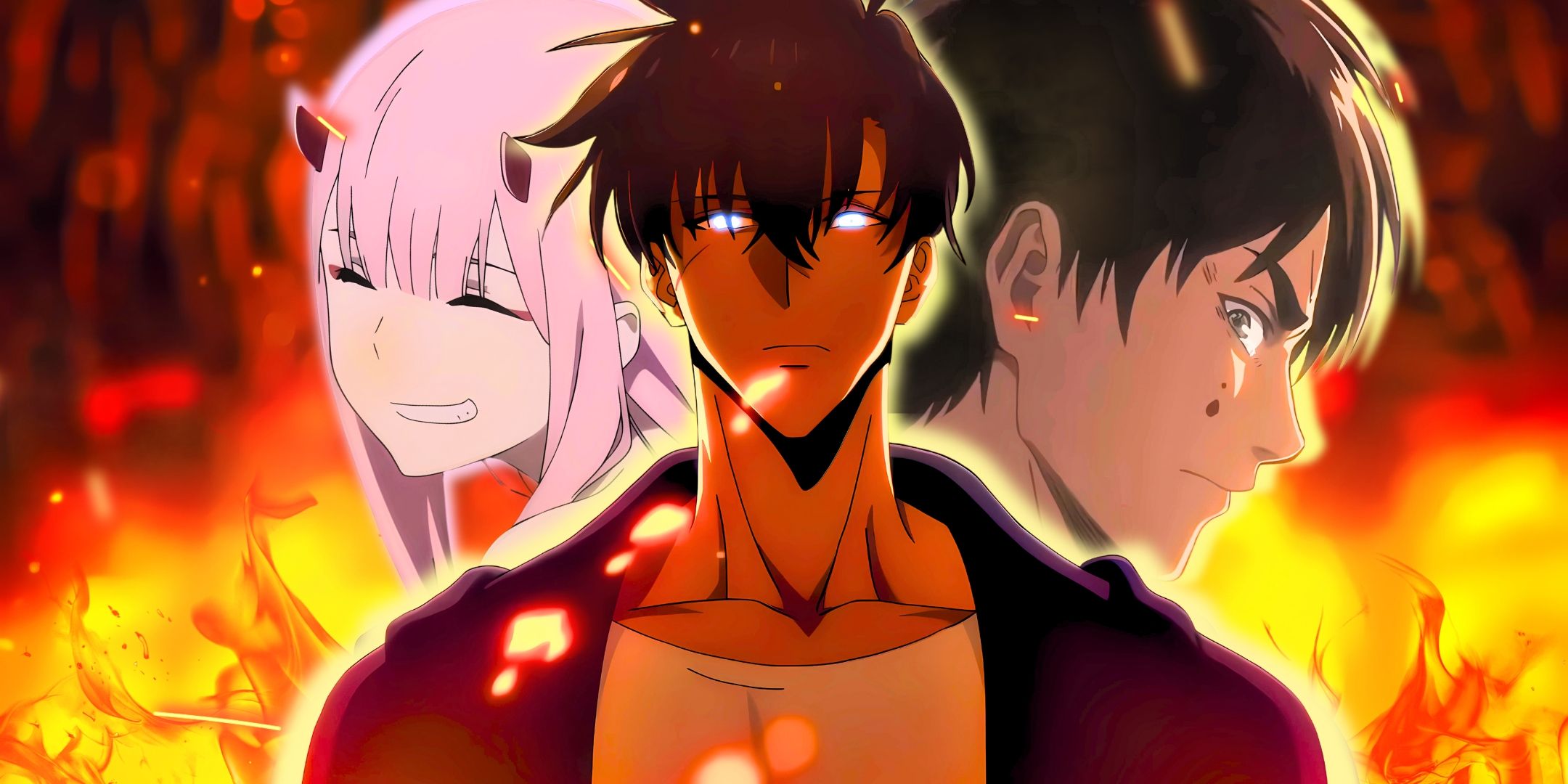 Sung Jin Woo (Solo Levelling), Even Yeager (Attack on Titan) y Zero Two (Darling in the Franxx) están posicionados frente a un fondo ardiente
