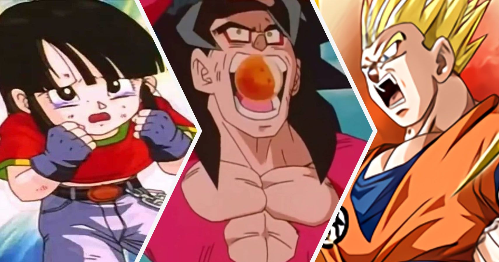 Pan chorando, Super Saiyan 4 Goku comendo uma bola de dragão e Super Saiyan 2 Gohan de Dragon Ball GT